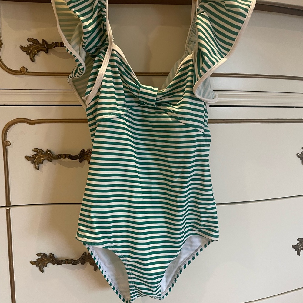 Green and White Striped Swimsuit